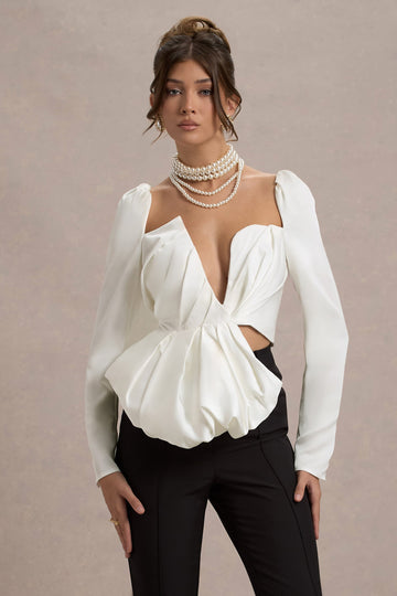 Bensley Ecru Satin Asymmetric Plunge-Neck Top With Ruffle